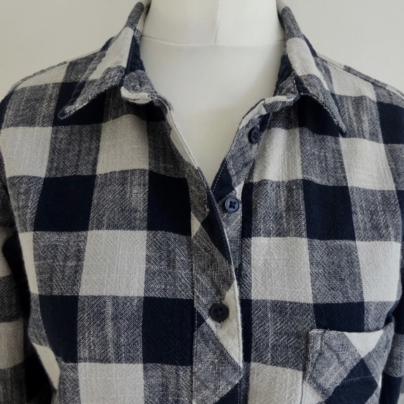 Next 12 shirt top casual cotton step hem boxy relaxed check long sleeved blue - Picture 2 of 12